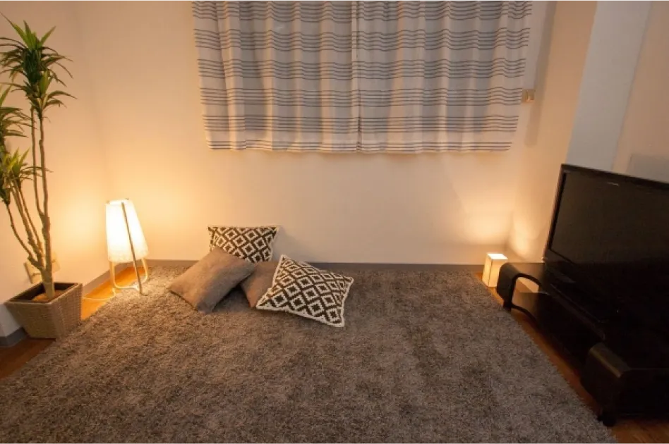 社宅やマンスリーなど民泊以外の用途でも活用されるイメージの写真。部屋にラグが敷いてあり、その上にテレビ台やランプ、クッションなどが置かれている。