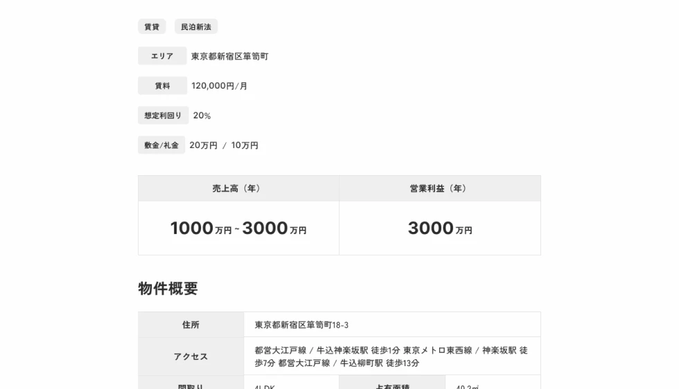 民泊&の物件情報画面。エリア、賃料、想定利回り、敷金・礼金、年間売上高や営業利益、物件概要の情報などが記載されている。